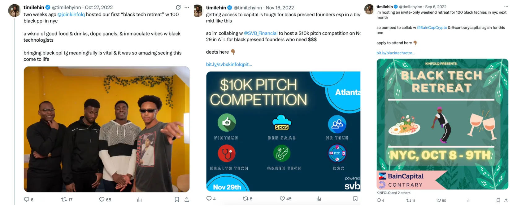 Tweets recapping the first Black Tech Retreat, the $10K pitch competition with SVB in Atlanta, and the Bain Capital × Contrary retreat announcement