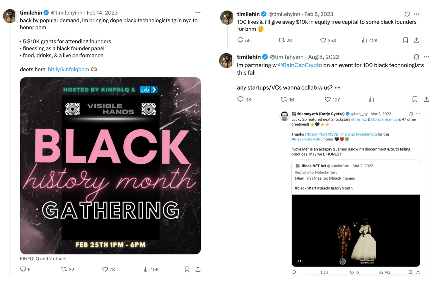 Tweets announcing the Black History Month gathering with five $10K grants and the Bain Capital Crypto partnership